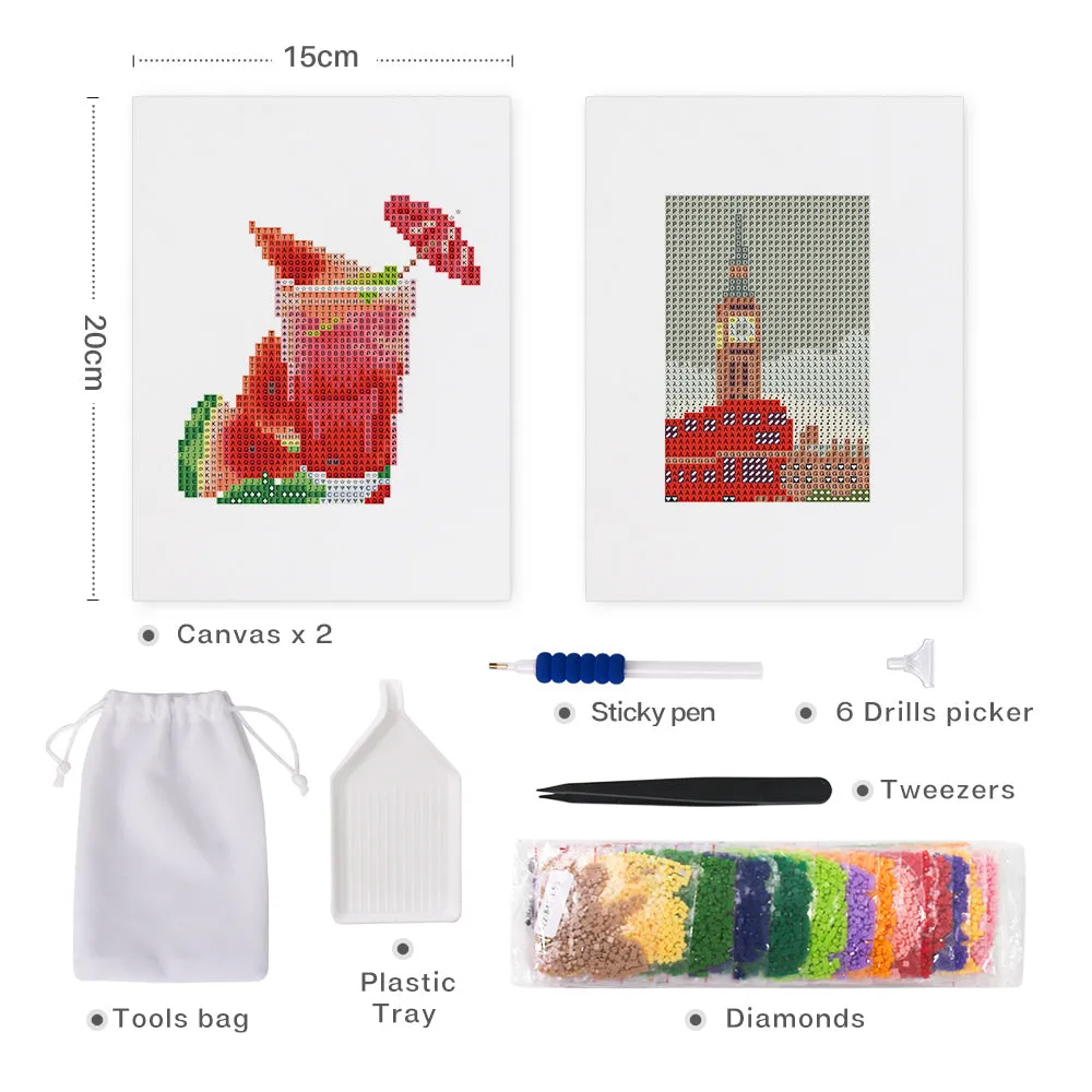 Figured'Art Mini Dranken en Dubbeldekkerbus diamond painting 15x20cm 2 stuks