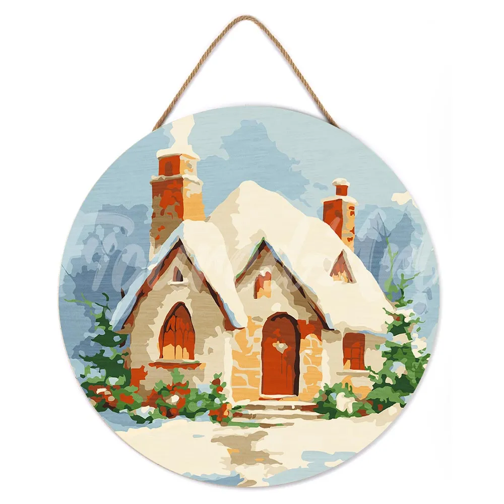 Figured'Art Bakstenen Huis Winter Schilderen op Hout 30 cm Rond