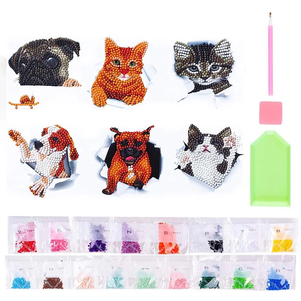 Figured'Art Diamond Painting Katten en Honden stickers 6 stuks