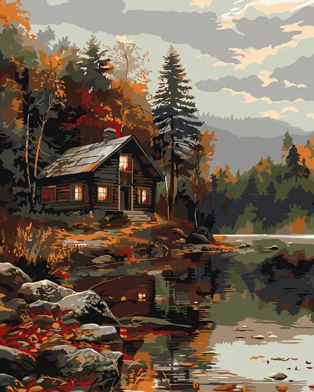 Figured'Art Gezellige Hut Herfstmeer schilderen op nummer 40x50 cm