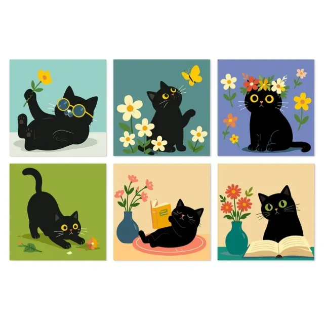 Figured'Art Mini Serie Katten en bloemen schilderen op nummer 20x20 cm 6 stuks