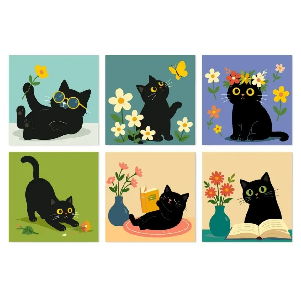 Figured'Art Mini Serie Katten en bloemen schilderen op nummer 20x20 cm 6 stuks
