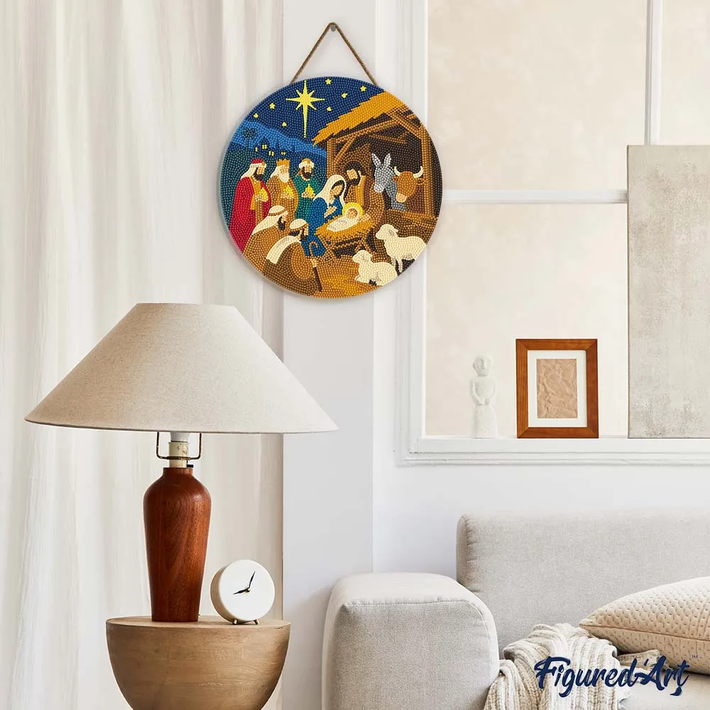 Figured'Art Kerststal diamond painting houten schijf 30 cm rond