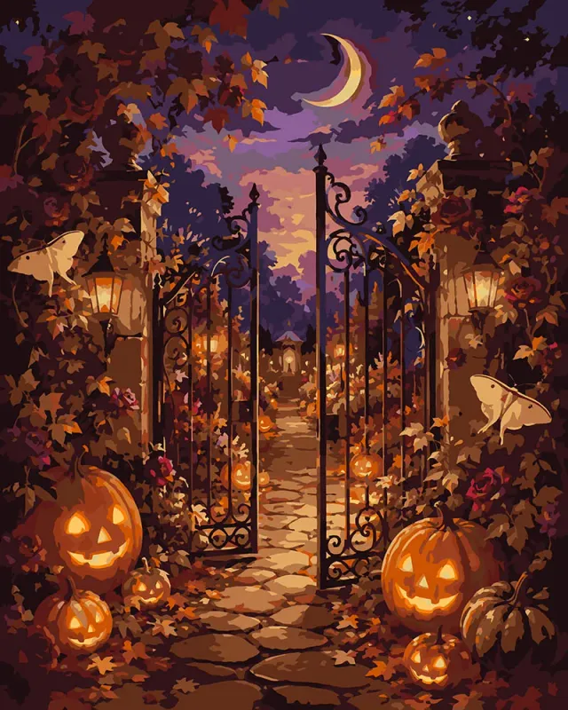 Figured'Art Tuinhek Halloween-pompoenen schilderen op nummer 40x50