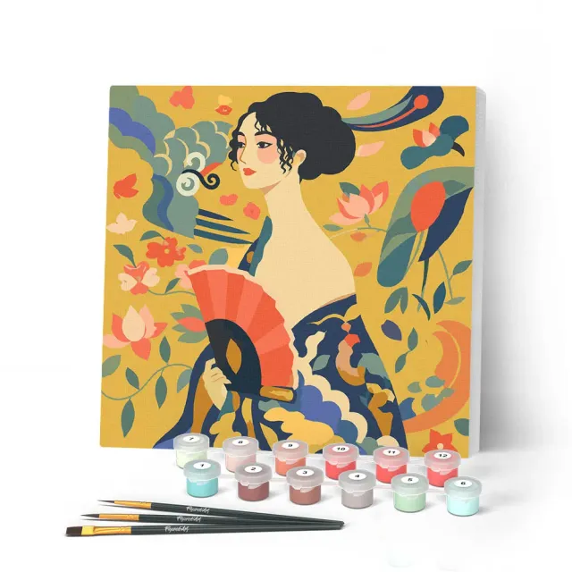 Figured'Art Dame met waaier Klimt mini schilderen op nummer 20x20 cm frame