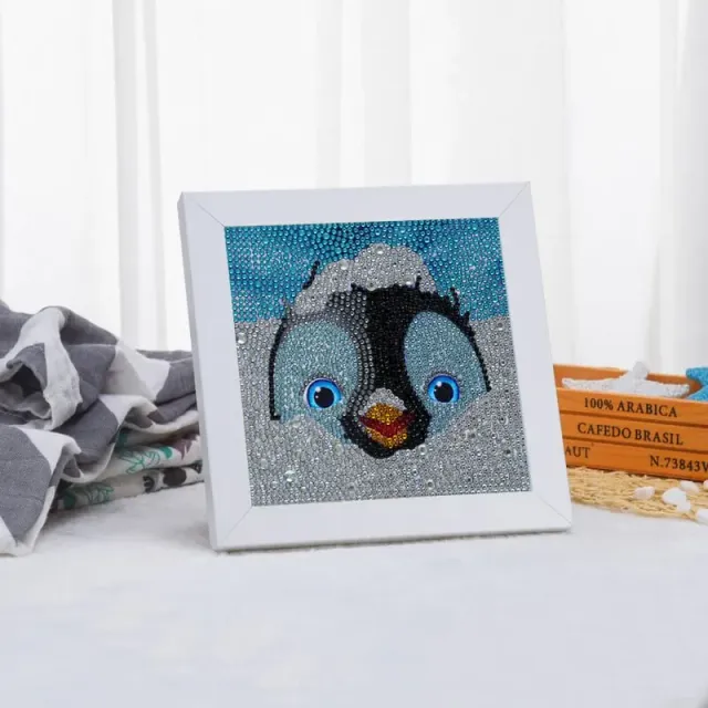 Figured'Art Diamond Painting Pinguïn diamond painting 15x15cm rond met lijst