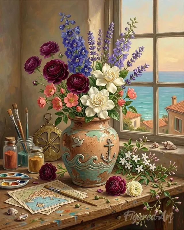 Figured'Art Mediterrane bloemenharmonie schilderen op nummer 40x50 cm bloemen