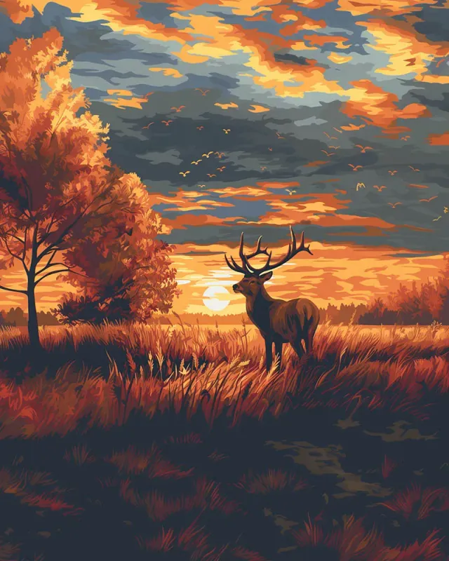 Figured'Art Majestueus Hert bij Herfstzonondergang diamond painting 40x50 cm