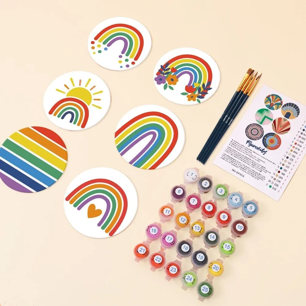 Figured'Art Kleurrijke regenboog schilderen op nummer onderzetters 10cm 6 stuks