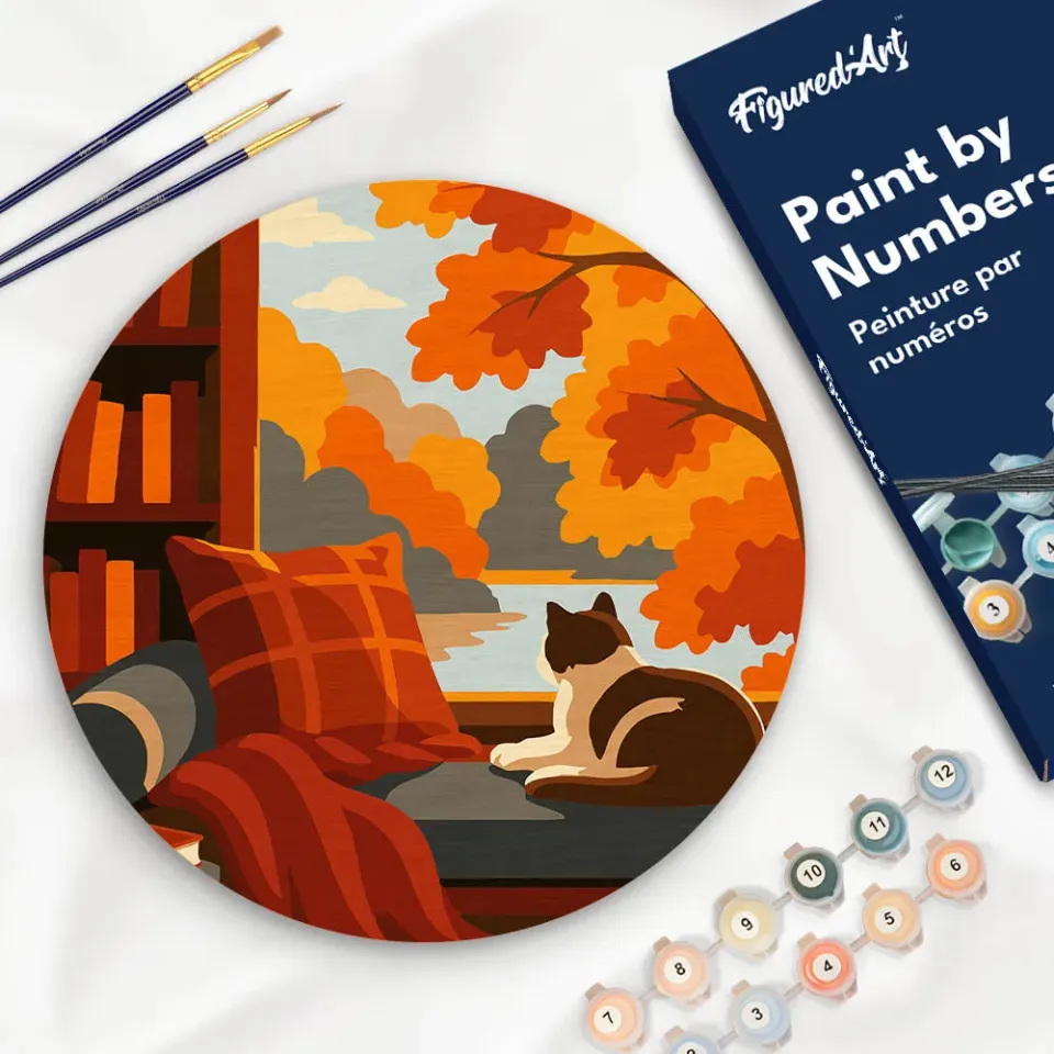 Figured'Art Herfstzicht Kat schilderen op nummer houten schijf 30 cm