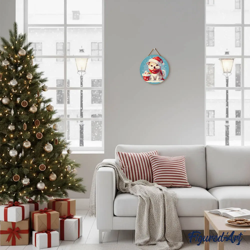 Figured'Art Kerstpuppy schilderen op nummer houten schijf 30 cm