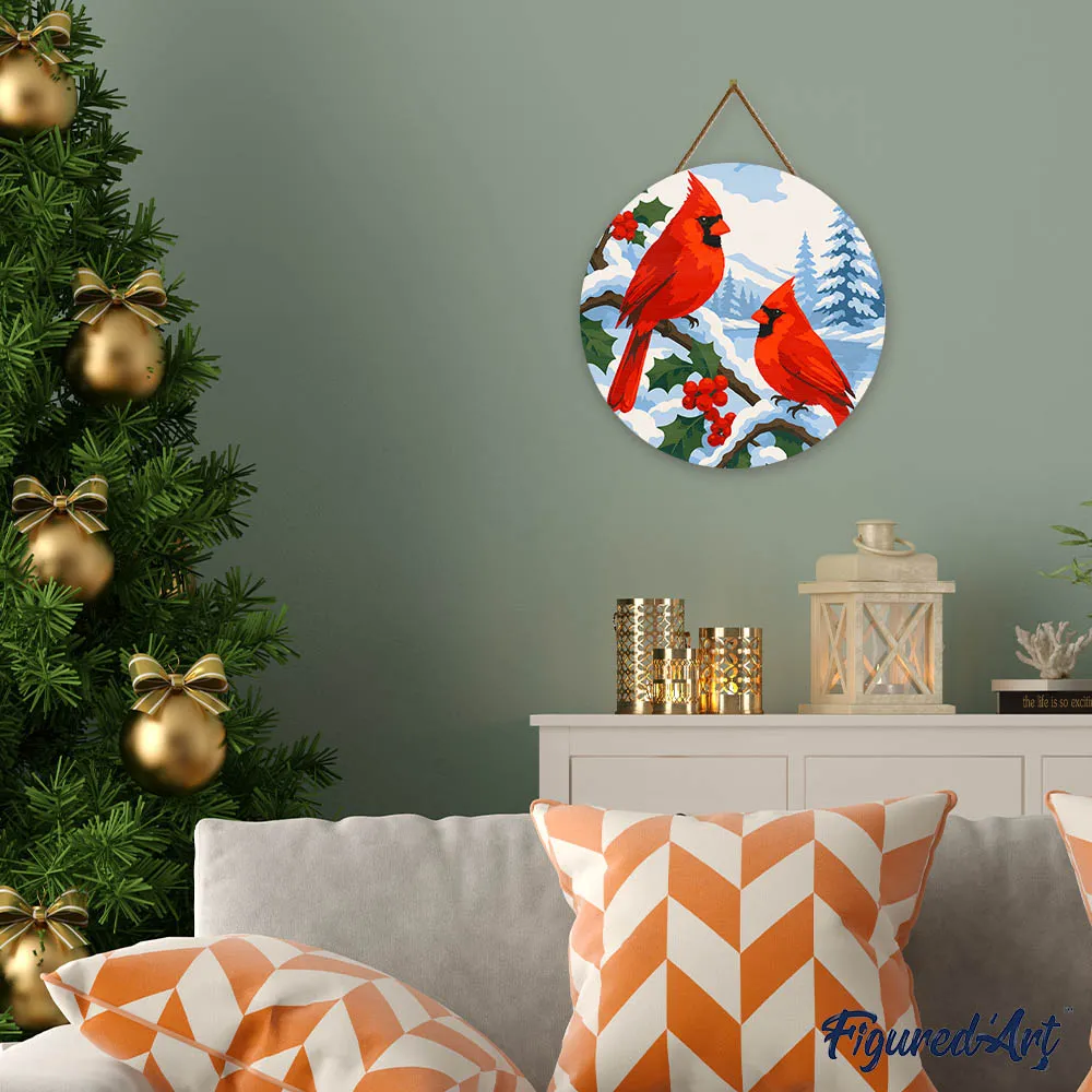 Figured'Art Winterkardinalen schilderen op nummer houten schijf 30cm