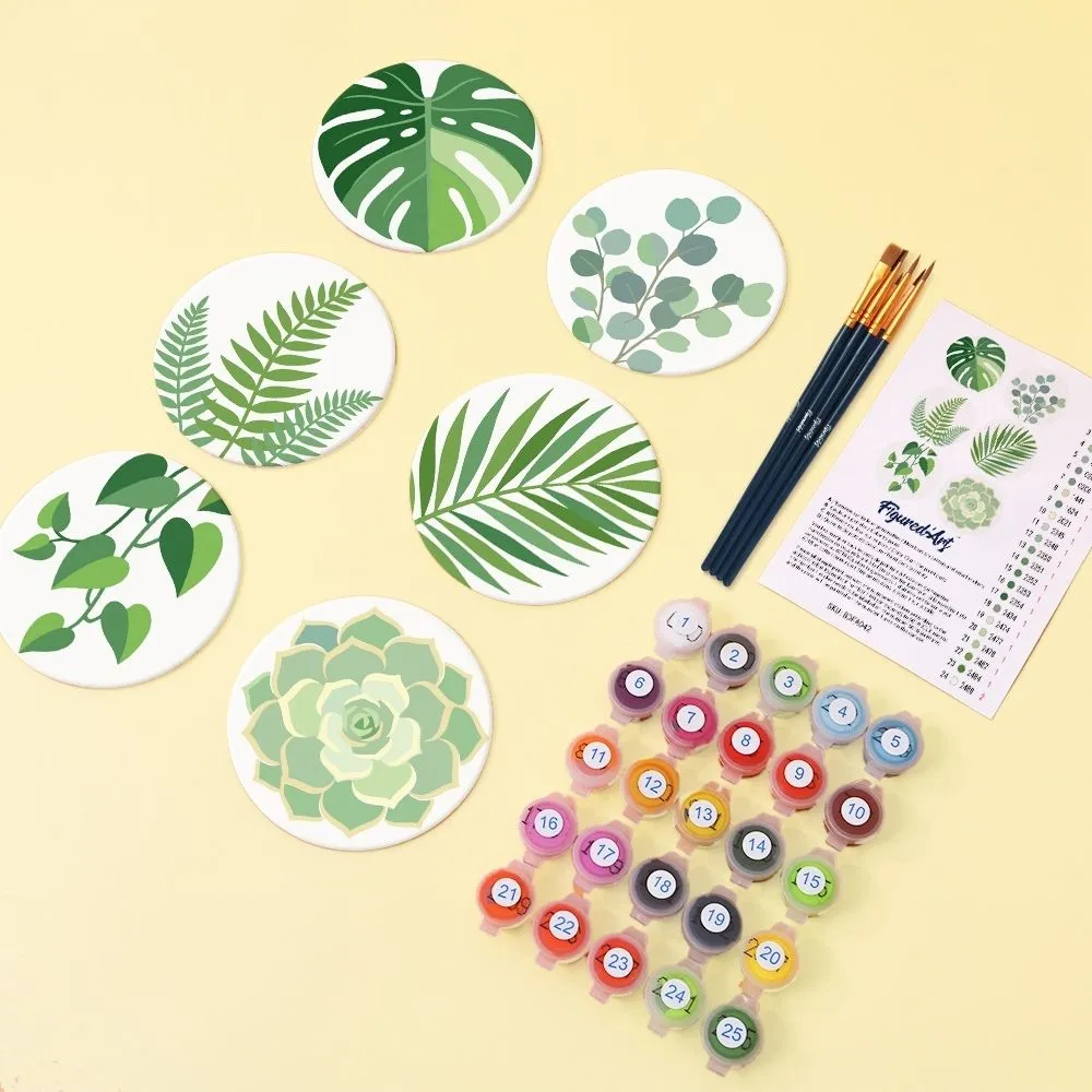 Figured'Art Groene oase schilderen op nummer onderzetters 6 stuks