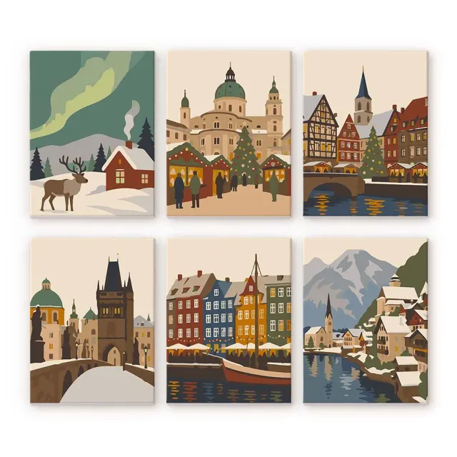 Figured'Art Winterdorp mini schilderen op nummer 15x20 cm 6 stuks