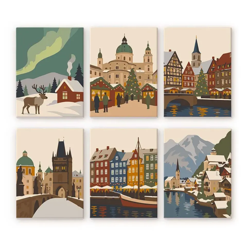 Figured'Art Winterdorp mini schilderen op nummer 15x20 cm 6 stuks