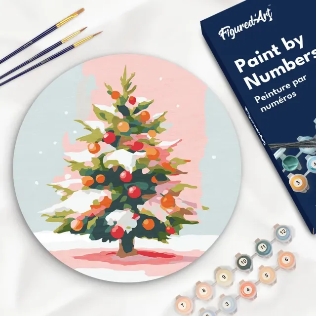 Figured'Art Besneeuwde kerstboom schilderen op nummer schijf 30 cm eenvoudig