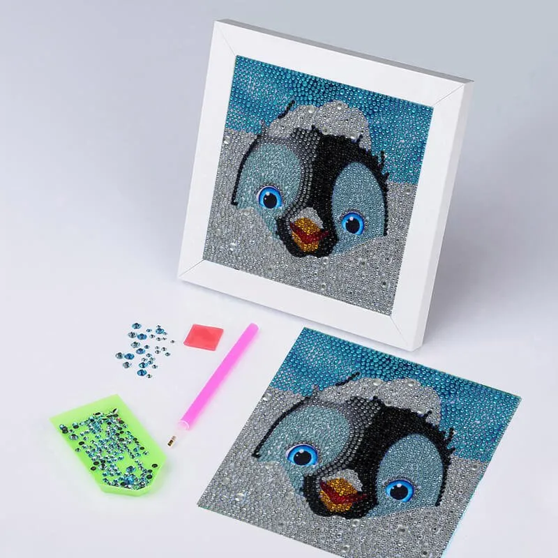 Figured'Art Diamond Painting Pinguïn diamond painting 15x15cm rond met lijst