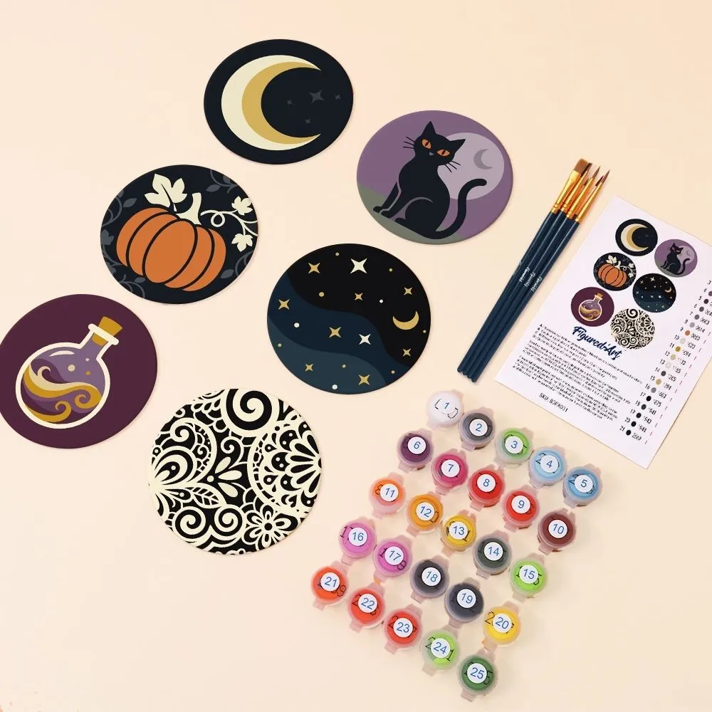 Figured'Art Halloweenmagie schilderen op nummer onderzetters 6 stuks