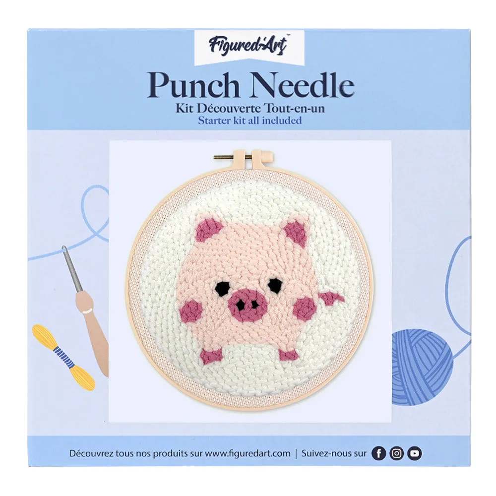 Figured'Art Roze Varken punch needle pakket 20cm wol beginners