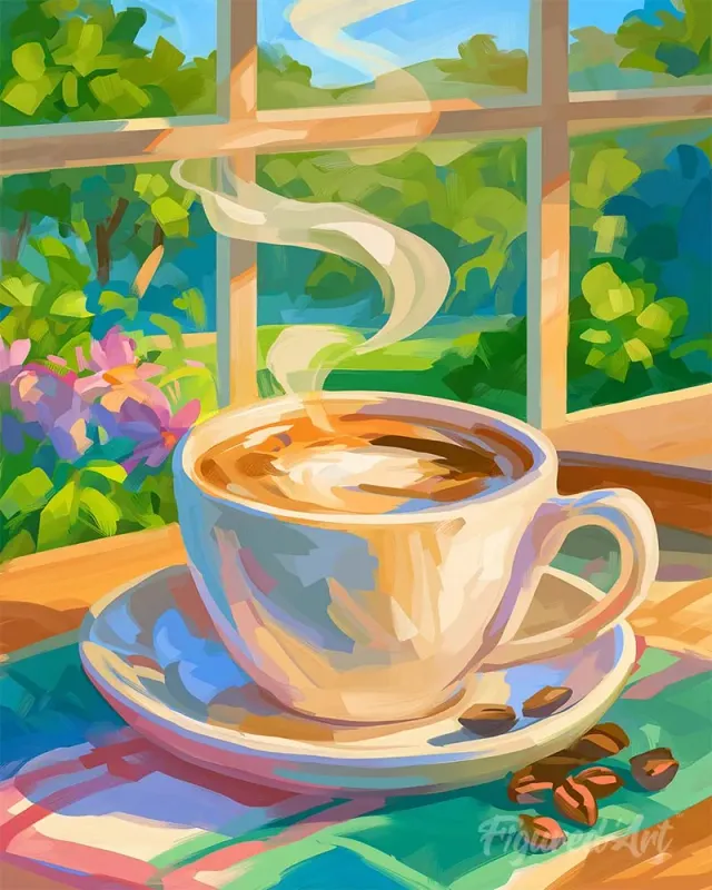 Figured'Art Koffie en zonneschijn schilderij 40x50 cm stilleven