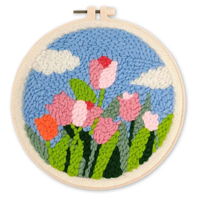 Figured'Art Tulpen Blauwe Lucht Punch Needle Pakket 20cm wol