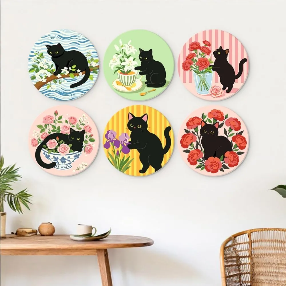 Figured'Art Mini Serie Zwarte kat en bloemen schilderen op nummer Ø20cm 6 stuks