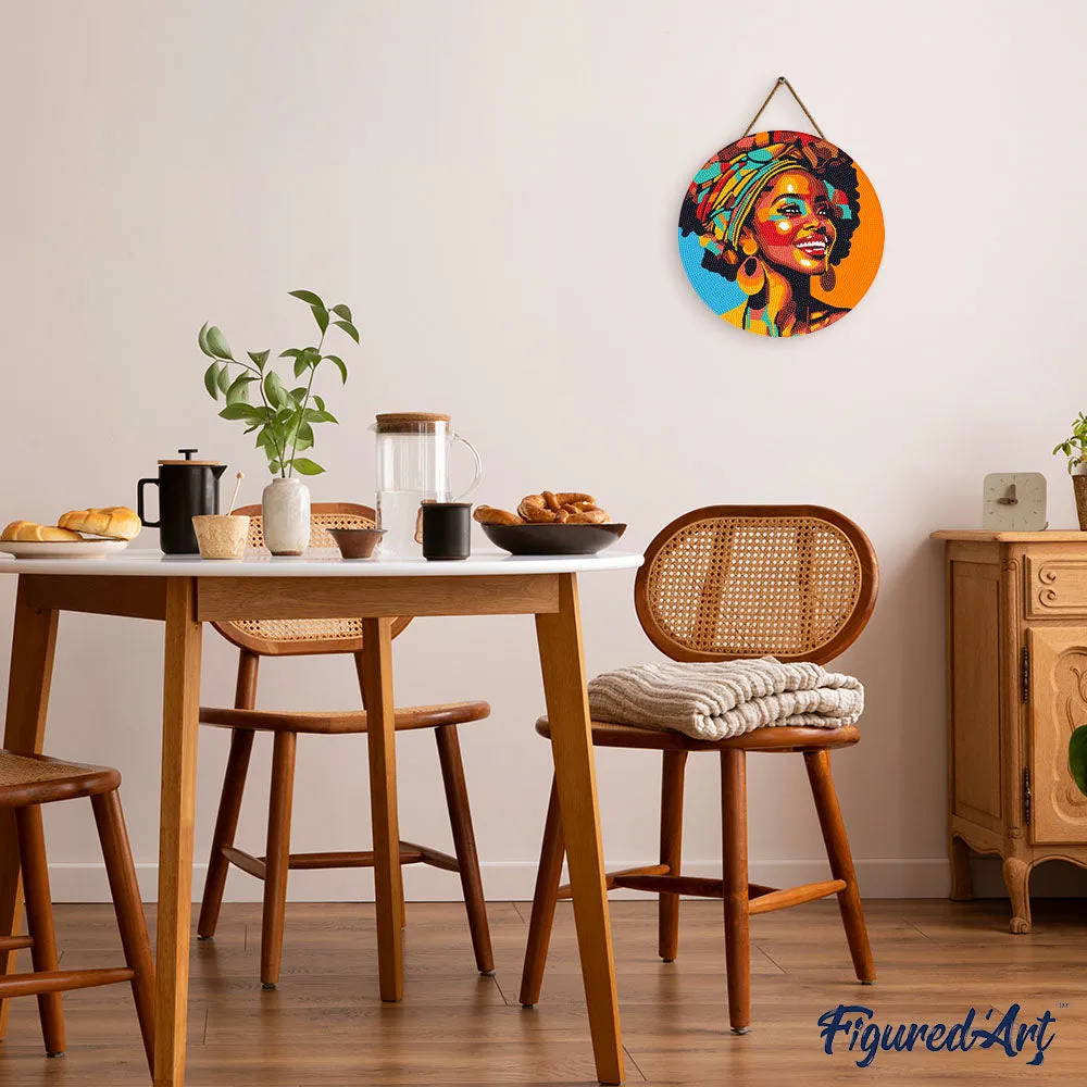 Figured'Art Afrikaanse Koningin Pop Art diamond painting hout 30 cm rond
