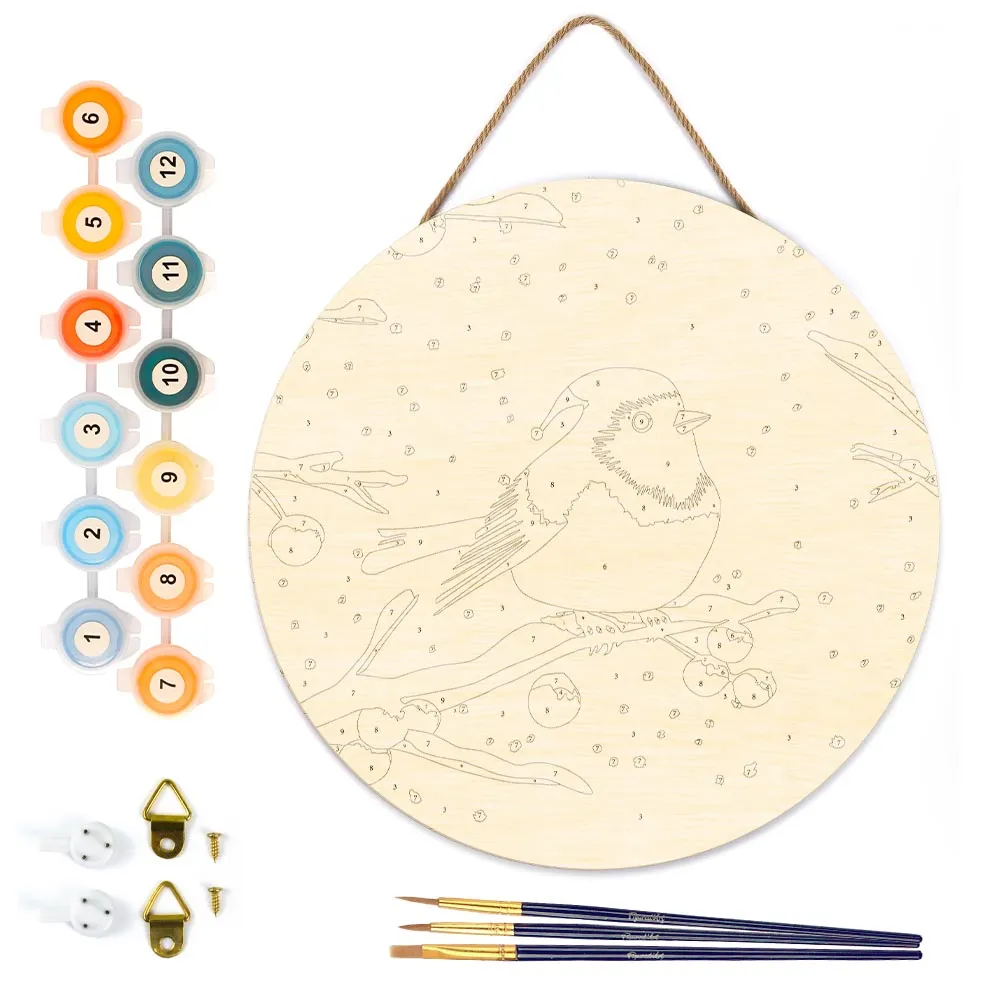 Figured'Art Winter roodborstje schilderen op nummer houten schijf 30 cm