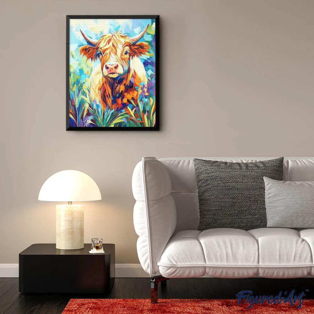 Figured'Art Schotse Hooglander in Bloei diamond painting 40x50