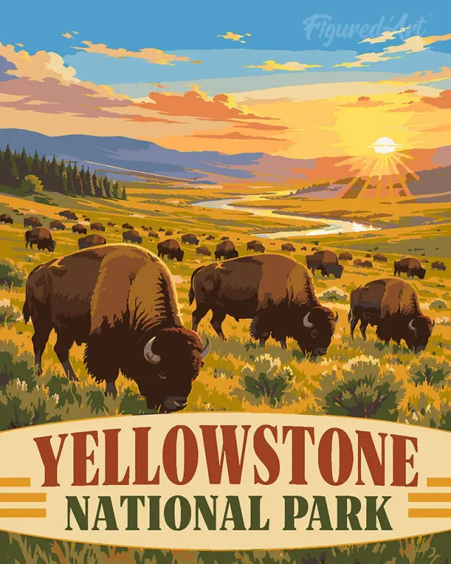 Figured'Art Yellowstone bizons Lamar Valley schilderen op nummer 40x50 cm