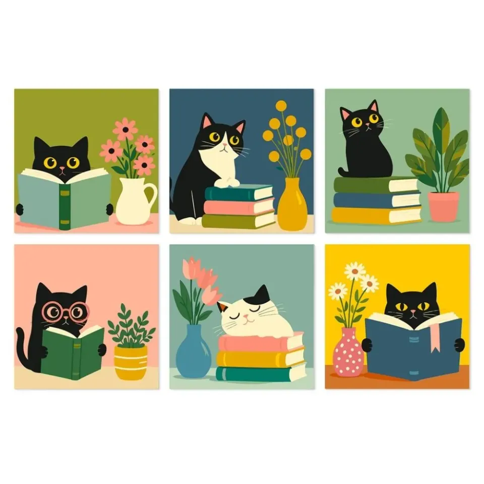 Figured'Art Literaire katten schilderen op nummer 20x20cm 6 stuks