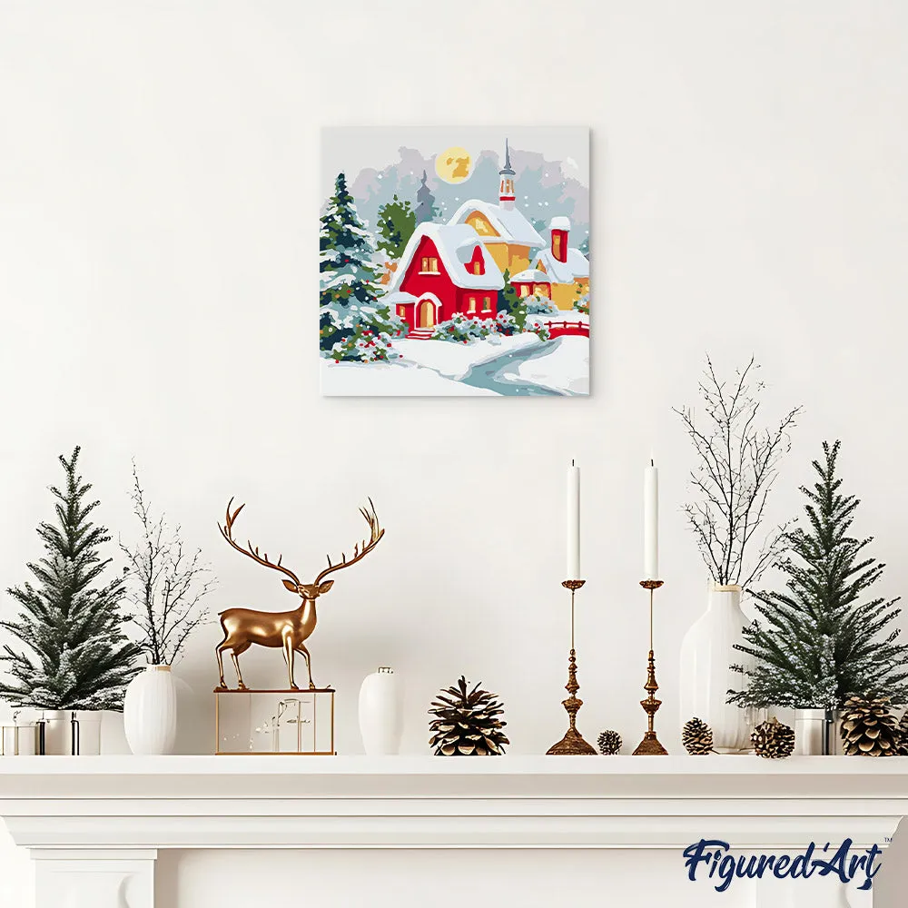 Figured'Art Mini Rood Huis in de Winter schilderen op nummer 20x20