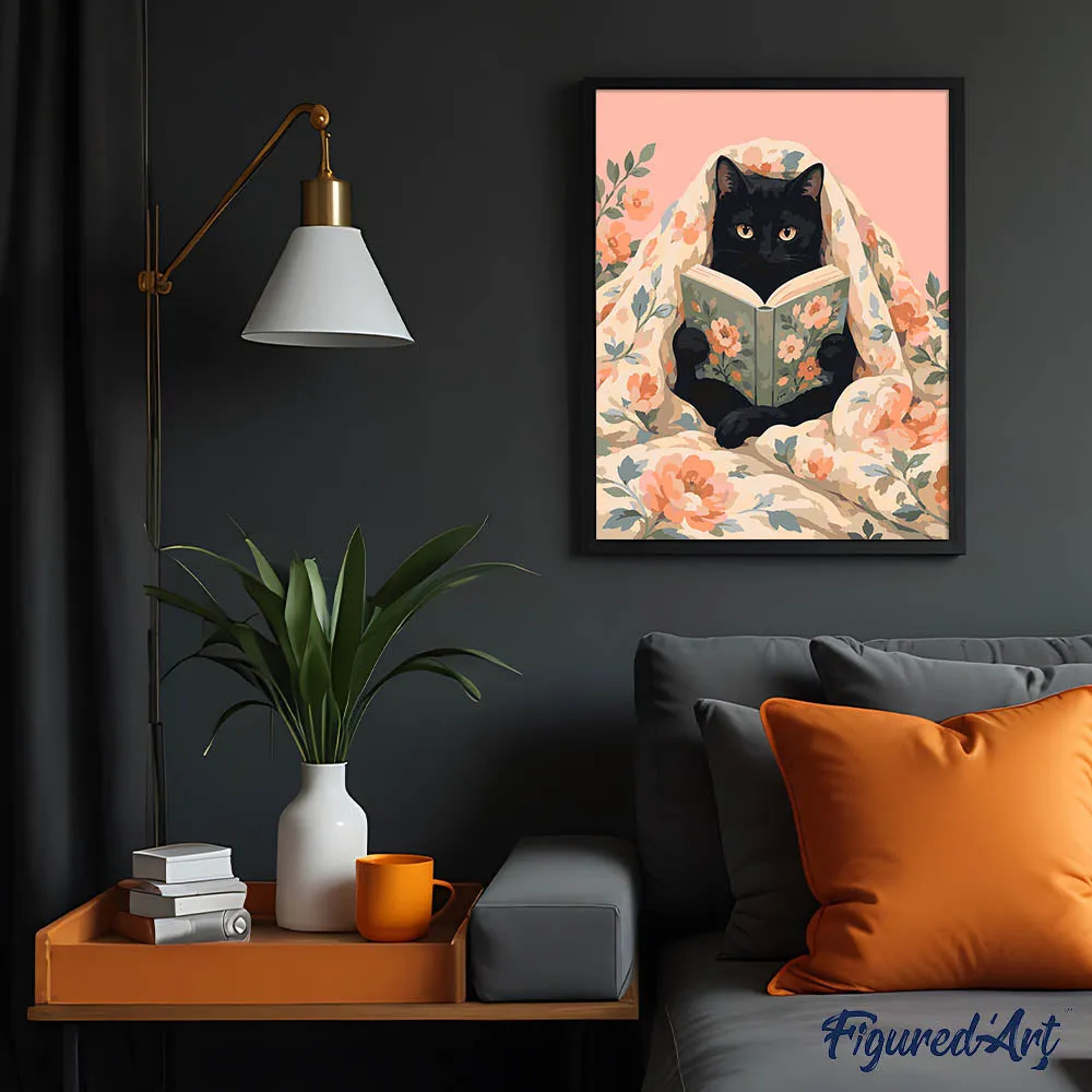 Figured'Art Zwarte kat tussen de dekens schilderij 40x50 cm