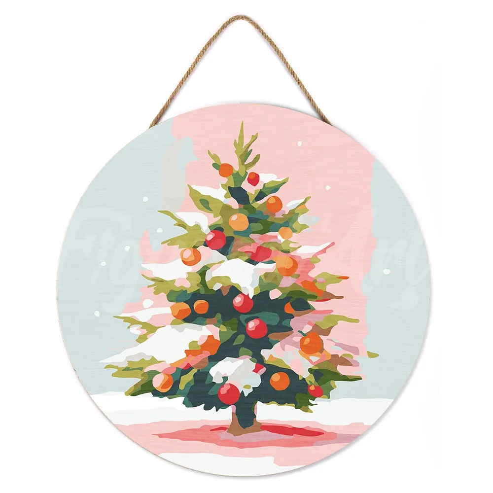 Figured'Art Besneeuwde kerstboom schilderen op nummer schijf 30 cm eenvoudig