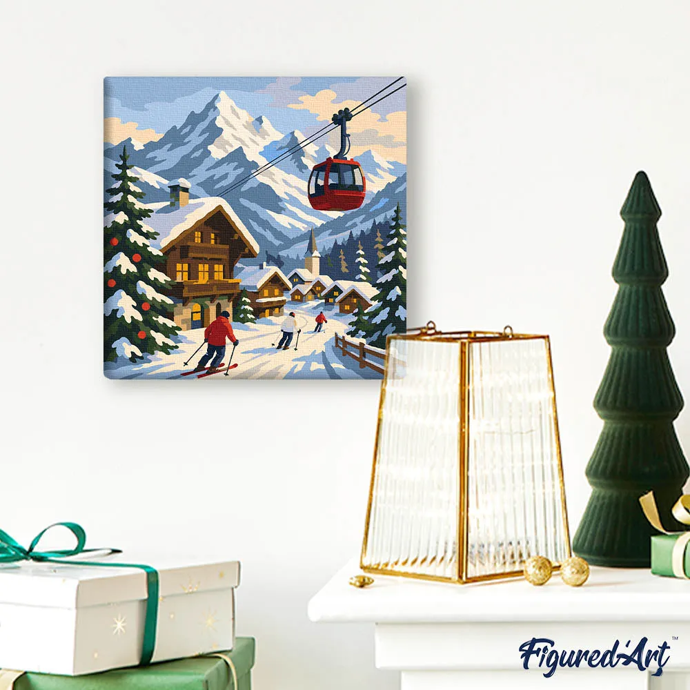 Figured'Art Wintervakantie Alpen schilderij 20x20 cm frame winter