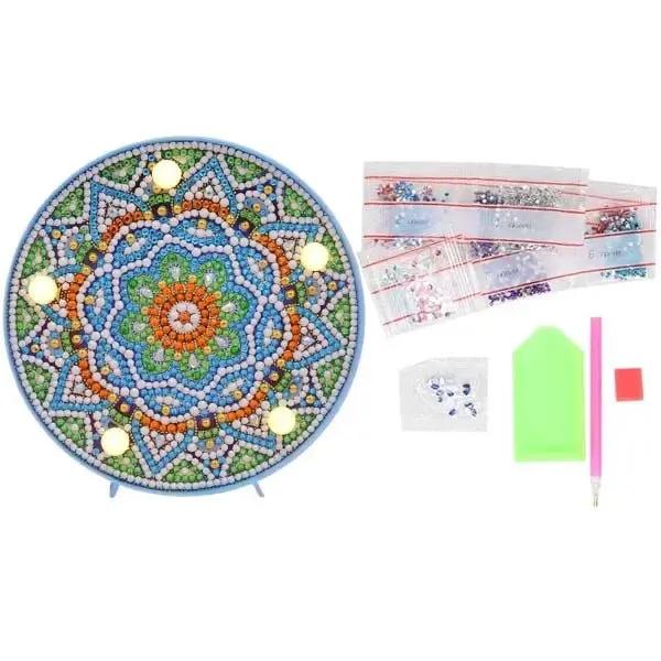 Figured'Art Blauwe Mandala LED Diamond Painting Lamp 15cm