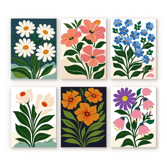 Figured'Art Grafische Bloemen mini schilderen op nummer 6 stuks