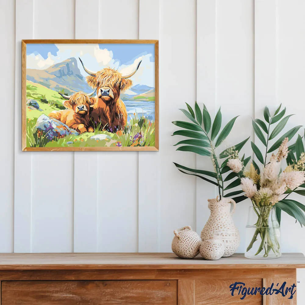 Figured'Art Schotse Hooglander met Kalfje schilderen op nummer 40x50