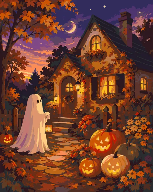 Figured'Art Vriendelijk spook Pompoenhuisje schilderen op nummer 40x50
