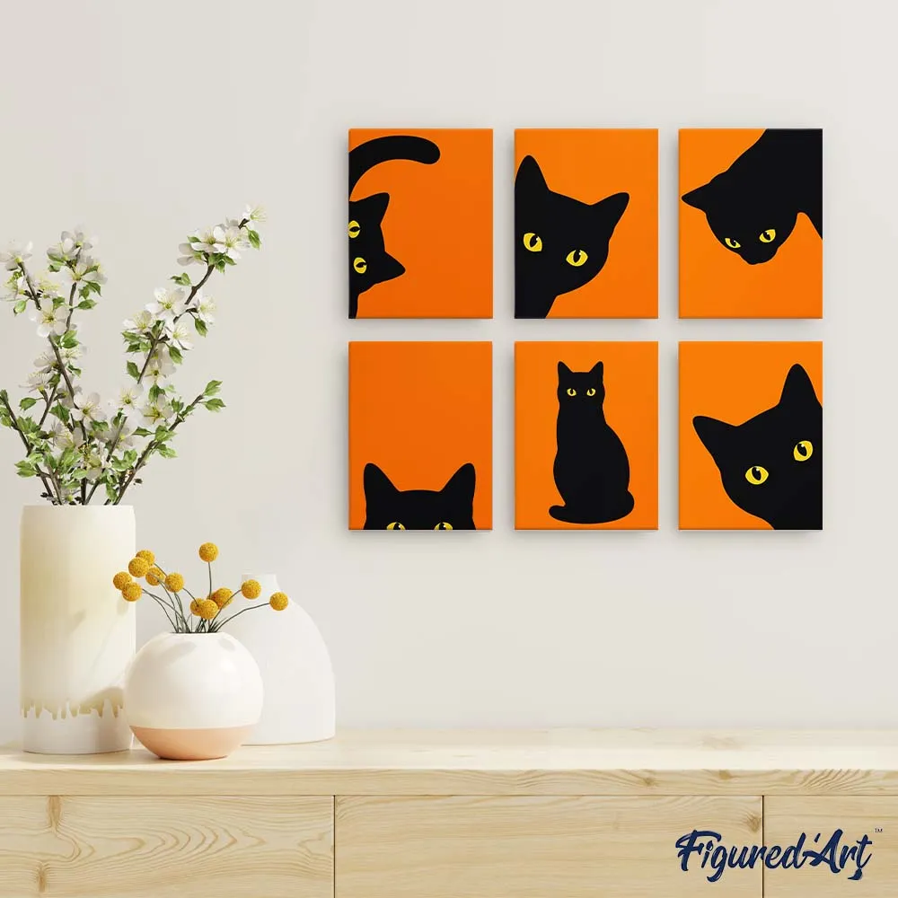 Figured'Art Mini Serie Zwarte Kat Kiekeboe schilderen op nummer 15x20cm 6 stuks