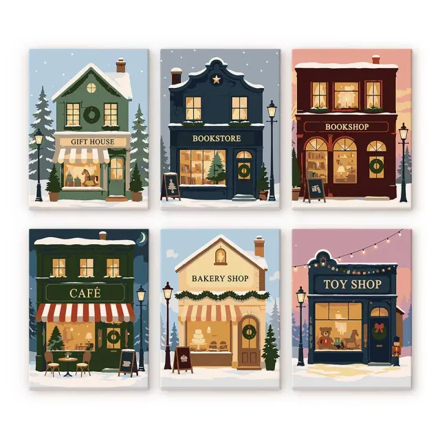 Figured'Art Feestelijk Dorp mini schilderen op nummer 15x20cm 6 stuks