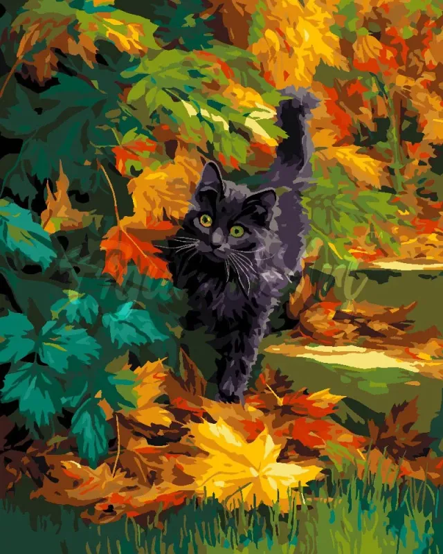 Figured'Art Zwarte kat in de herfst schilderen op nummer 40x50cm