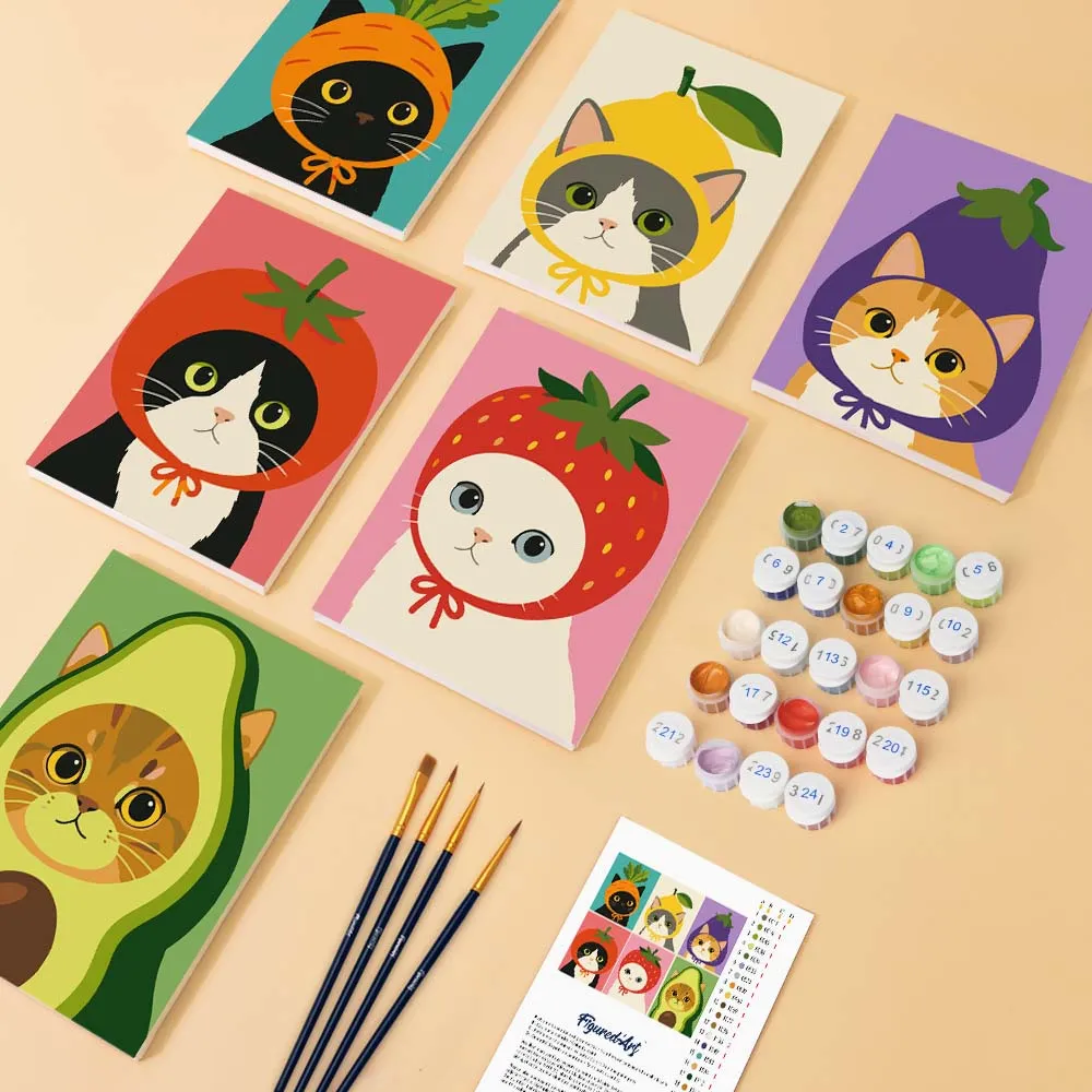 Figured'Art Katten met Mutsen mini schilderen op nummer 6x15x20