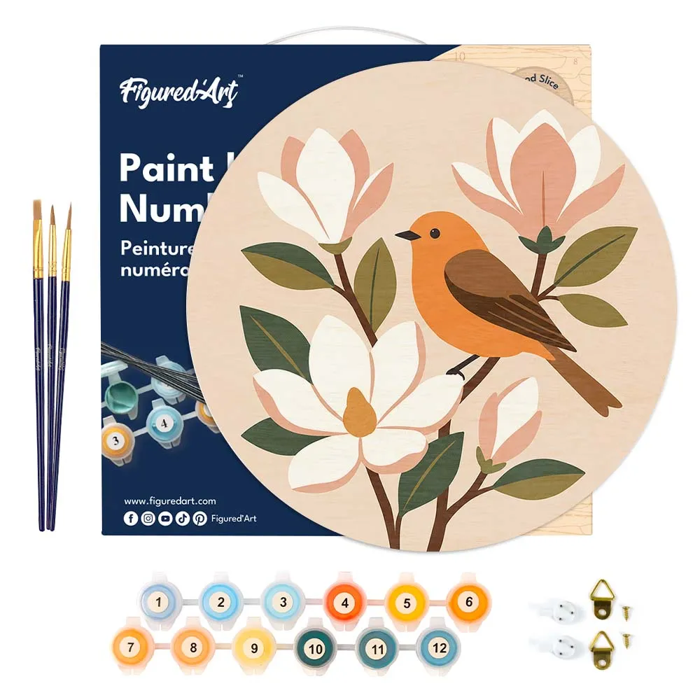 Figured'Art Schilderen op Nummer Nachtegaal en Magnolia's Houten Schijf 30 cm