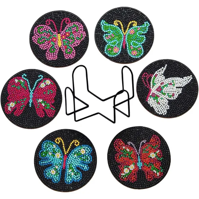 Figured'Art Zwarte Vlinders diamond painting onderzetters 10cm 6 stuks