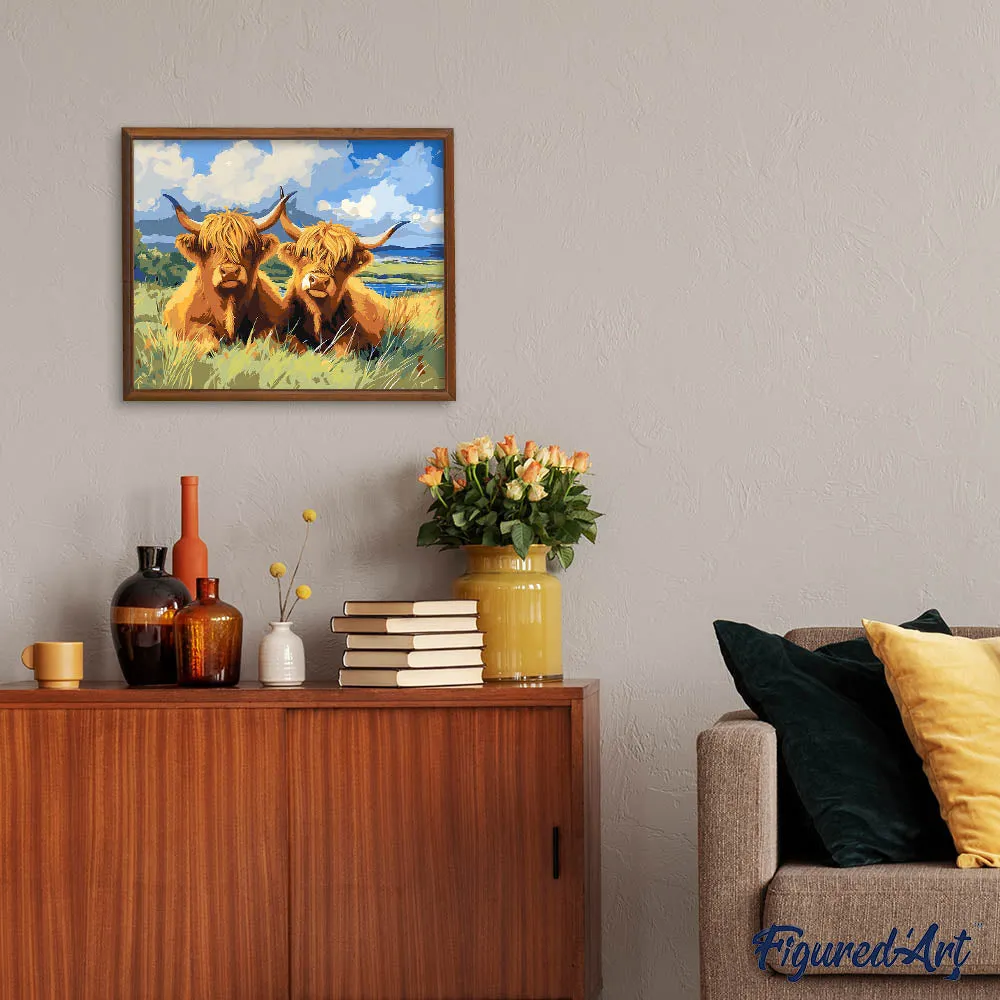 Figured'Art Schotse Hooglander in het Gouden Veld schilderen op nummer 40x50cm