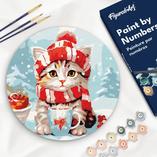 Figured'Art Schattige Kat met Rode Sjaal schilderen op nummer hout 30cm