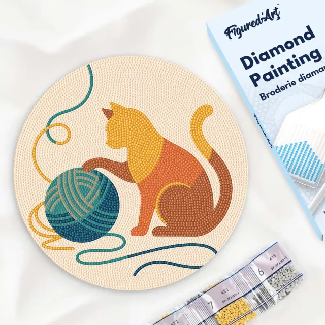 Figured'Art Kat en bol garen diamond painting hout 30 cm rond