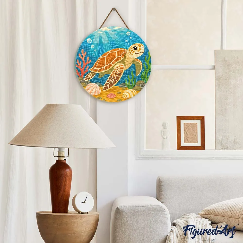 Figured'Art Diamond Painting Schildpad houten schijf 30cm rond