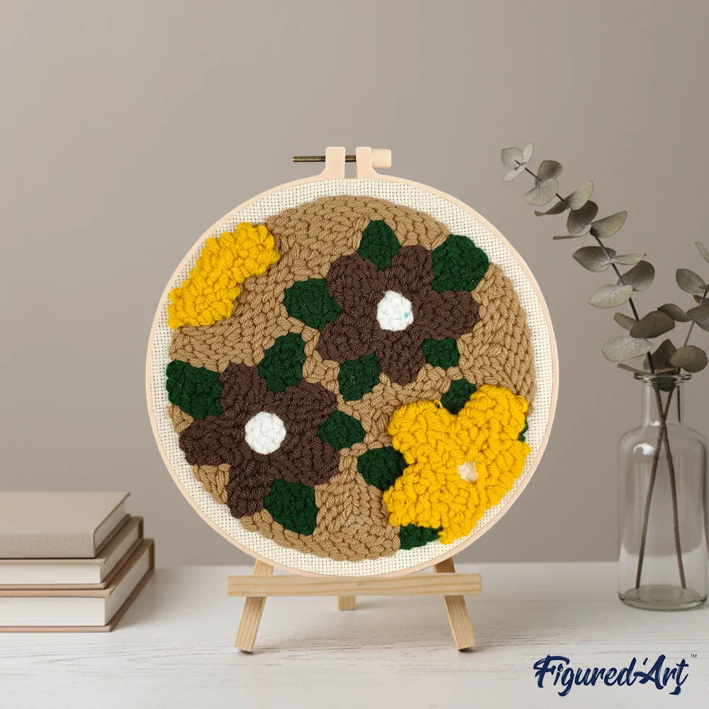 Figured'Art Punch Needle Pakket Gele en Bruine Bloemen 20 cm Wol